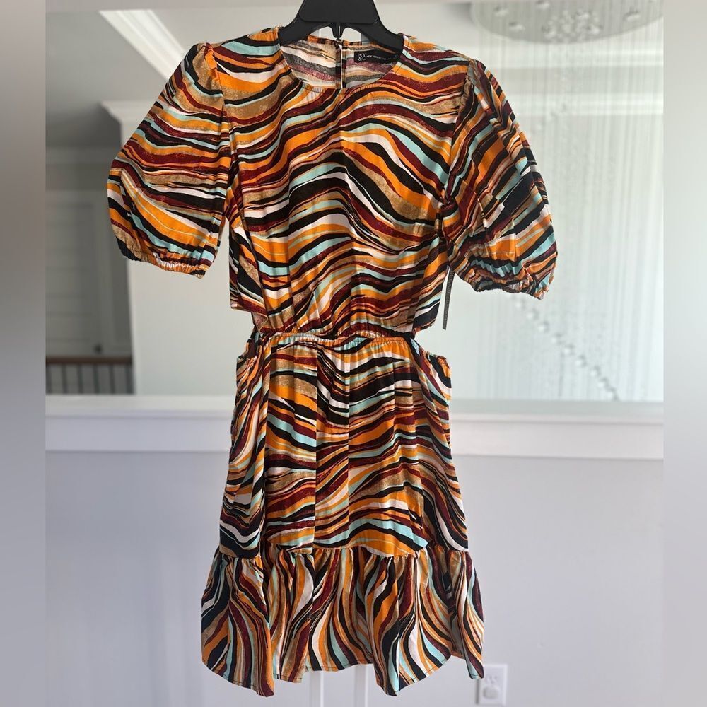 Ny&Co Abstract printed puff sleeve cut out dress